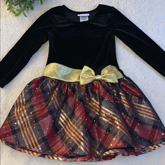 Bonnie Jean Holiday Dress 6 Black Velvet Gold & Red EUC - Picture 1 of 10